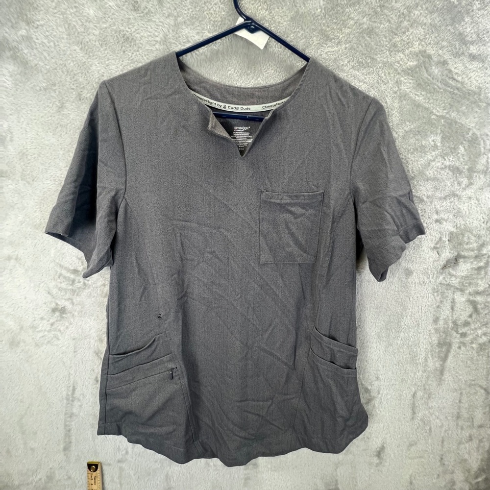 ClimateRight by Cuddl Duds Gray Scrub Top Short Sleeve Notch‎ Neck Small